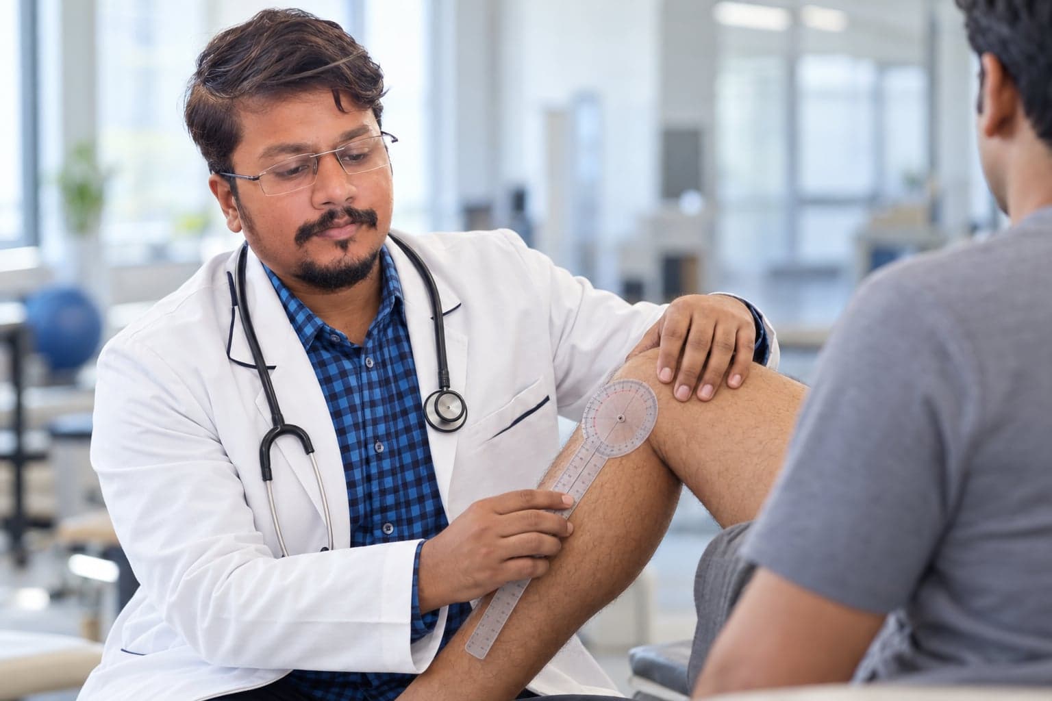 Illustration: Dr. Dharshan N A measuring knee movement with a goniometer