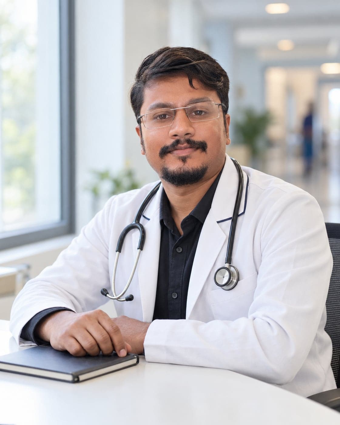 Dr. Dharshan N A seated at a desk with a stethoscope