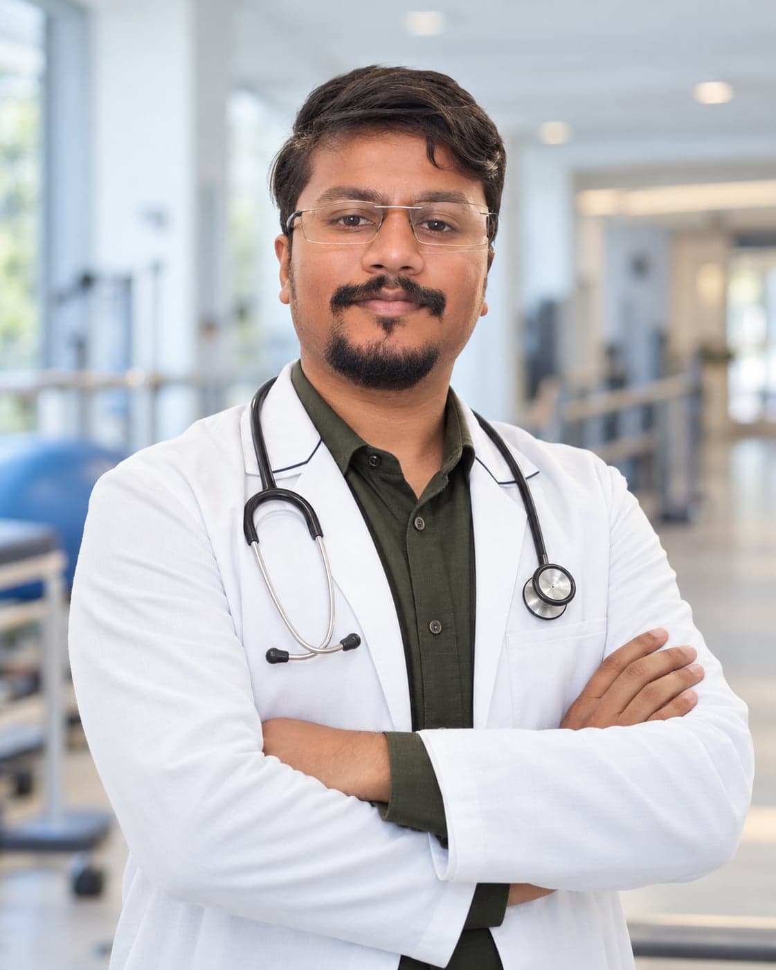 Dr. Dharshan N A in a white coat, arms crossed, in a rehabilitation corridor