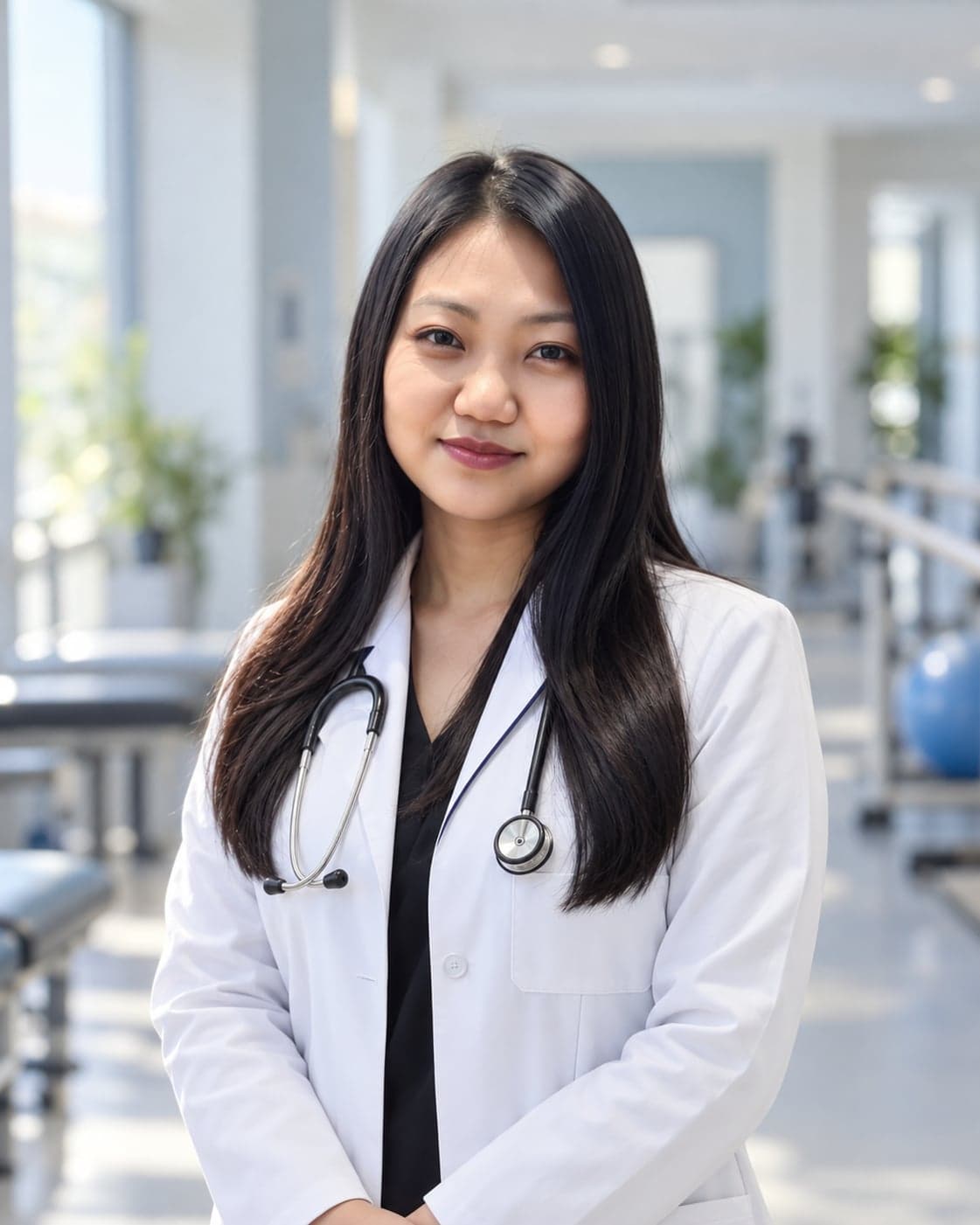 Dr. Selina Kh in a white coat with a stethoscope